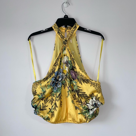 Free People Higher Love Halter Top Yellow Floral Silky Sleeveless Top - Picture 2 of 9